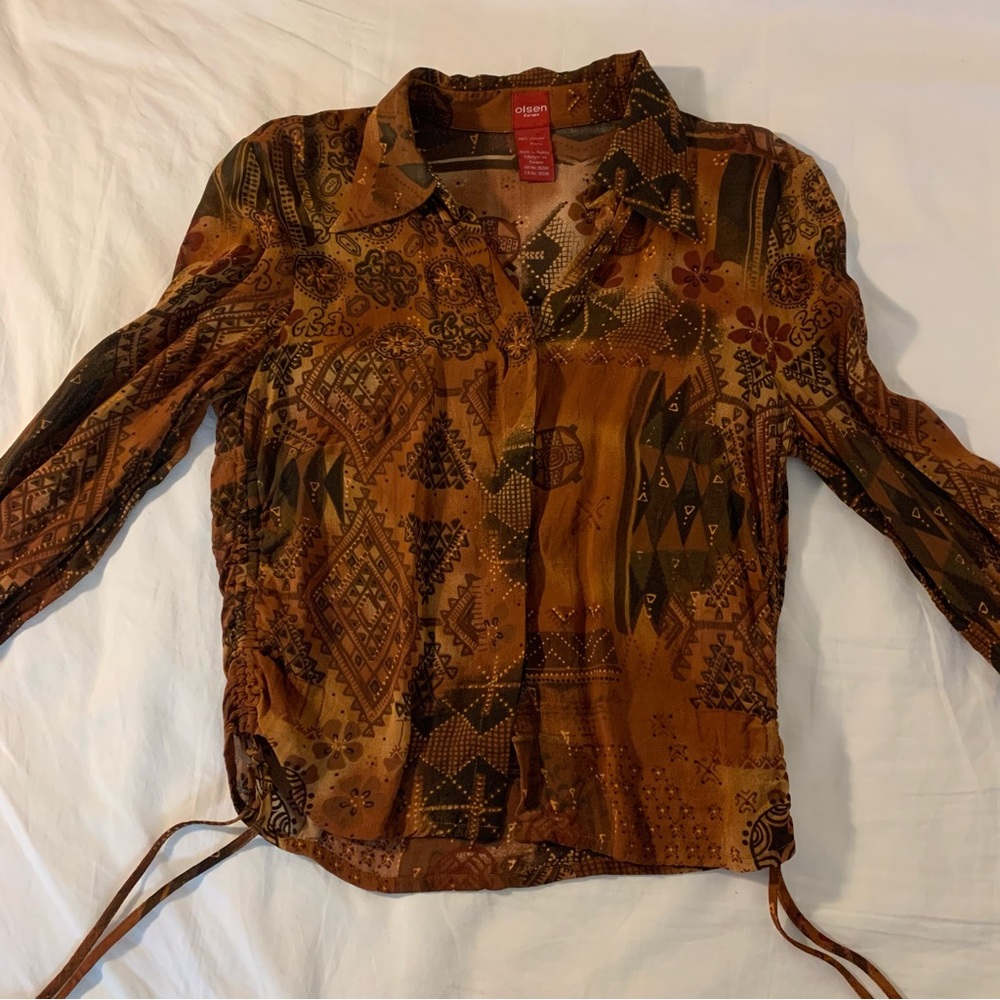 Y2K Brown Patterned Button-Up Blouse